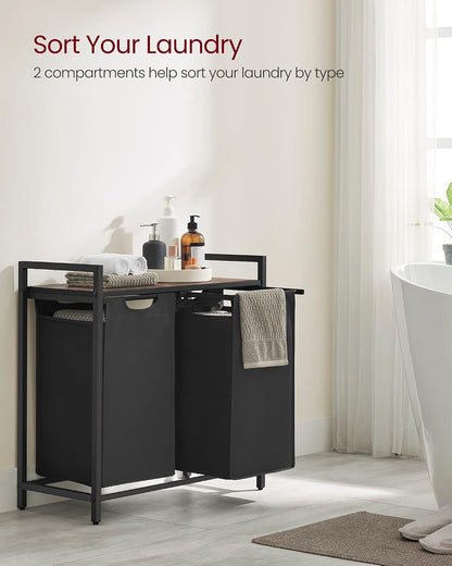 VASAGLE Laundry Hamper, Laundry Basket Sorter with 3 Pull-Out and Removable Bags, Shelf, Metal Frame, 3 x 10.6 Gallons (40 L), 36.4 x 13 x 28.4 Inches, Cappuccino Beige and Natural Beige UBLH301LH01