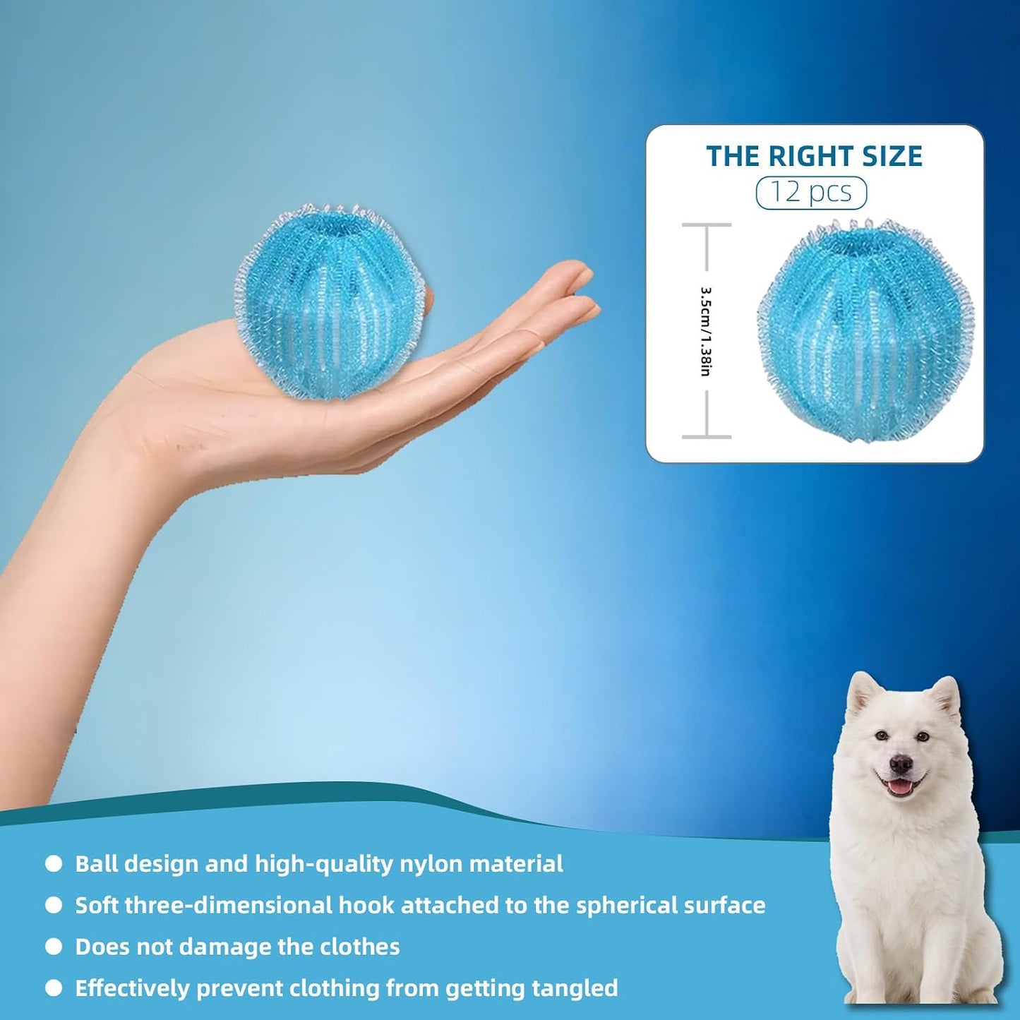 Pet Hair Remover for Laundry, pet Hair Remover for Washer and pet Hair Remover for Dryer, Dryer Balls pet Hair, Reusable Dog & Cat Hair Catcher for Clothes, Bedding & Blankets, Pick of 12