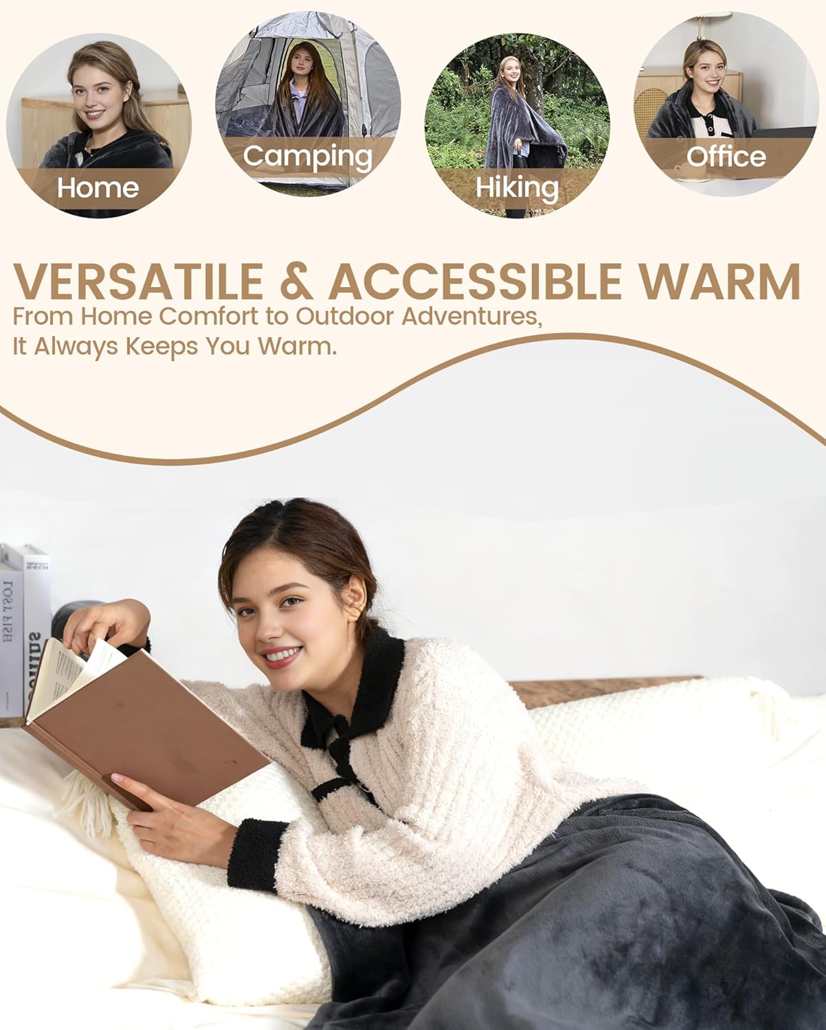 Cordless Heated Blanket with Hood, Rechargeable Wearable Heated Blanket Battery Powered with lasting Battery, Portable Heated Throw Blanket with 9 Heating Zones & 3 Levels, Camping (Warm Shadow Gray)