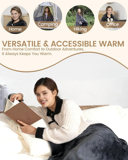 Cordless Heated Blanket with Hood, Rechargeable Wearable Heated Blanket Battery Powered with lasting Battery, Portable Heated Throw Blanket with 9 Heating Zones & 3 Levels, Camping (Warm Shadow Gray)