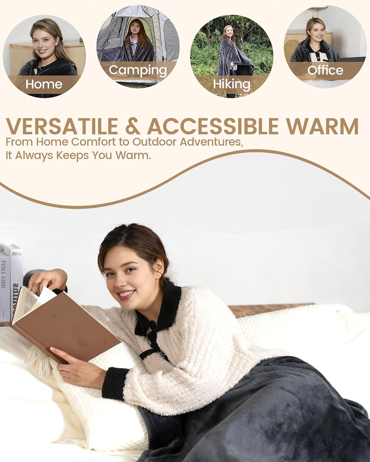MIMYTH Cordless Heated Blanket with Hood, Rechargeable Wearable Heated Blanket Battery Powered, Lasting Battery, 9 Heating Zones, 3 Levels, Portable Heated Throw, Camping (Warm Stone Gray)