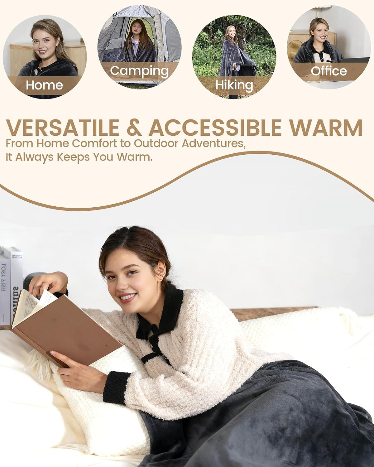 MIMYTH Cordless Heated Blanket with Hood, Rechargeable Wearable Heated Blanket Battery Powered with Lasting Battery, Portable Heated Throw Blanket with 9 Heating Zones & 3 Levels, Camping (Wool Gray)