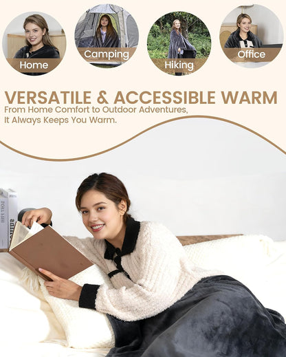 MIMYTH Cordless Heated Blanket with Hood, Rechargeable Wearable Heated Blanket Battery Powered with Lasting Battery, Portable Heated Throw Blanket with 9 Heating Zones & 3 Levels, Camping (Wool Gray)