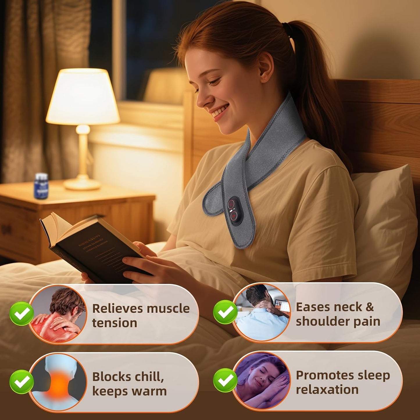 Cordless Neck Heating Pad for Pain, Neck Massager with 660nm 850nm Red Light, Heated Neck Wrap with 3000mAh Rechargeable, 3 Levels Heat & Massage, Gray