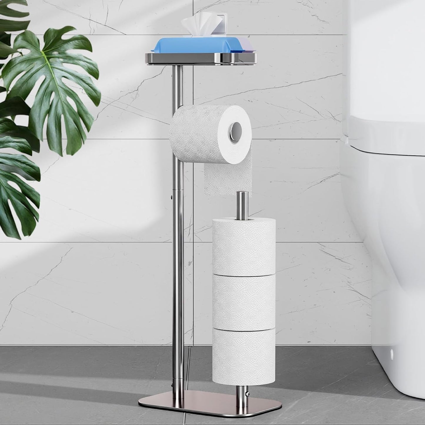 Kitsure Metal Toilet Paper Holder Free Standing, Medium, Black | Rustproof Toilet Paper Stand for 4 Rolls, Bathroom Organizers and Storage with Anti-Slip Base and Plastic Shelf