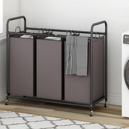 LINZINAR 3 Section Laundry Hamper, Black Laundry Basket 135L Laundry Sorter | Laundry Room Organization with Heavy Duty Rolling Lockable Wheels and Removable Bag, Bedroom Laundry Cart for Clothes Storage