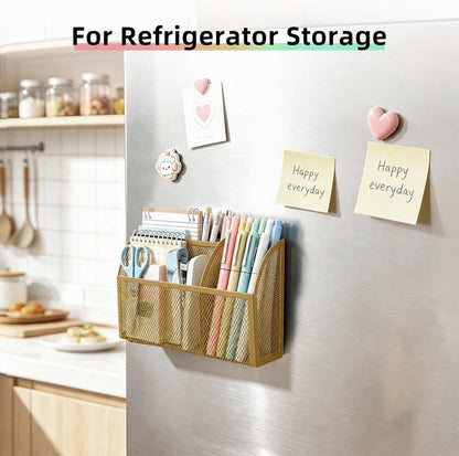 Magnetic Pencil Holder, Magnetic Organizer for Locker Accessories, Black | Mesh Marker Holder with Strong Magnets and 3 Compartments for Whiteboards Refrigerators and Magnetic Lockers