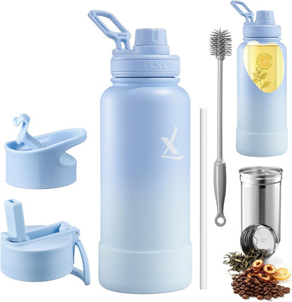Lexlion Tea Infuser Water Bottle 22 Oz – Triple Wall Insulated Stainless Steel, Loose Leaf & Fruit Strainer, 3 Leakproof Lids, BPA-Free Silicone Sleeve, Reusable Thermal Mug