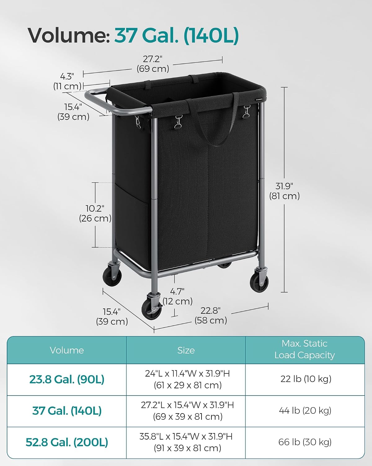 SONGMICS Laundry Basket with Wheels, 4-Section Rolling Laundry Hamper, 68.6 Gallons (260 L), Removable Liner, Steel Frame with Handle, 43.3 x 15.4 x 31.9 Inches, Cream White URLS014W01