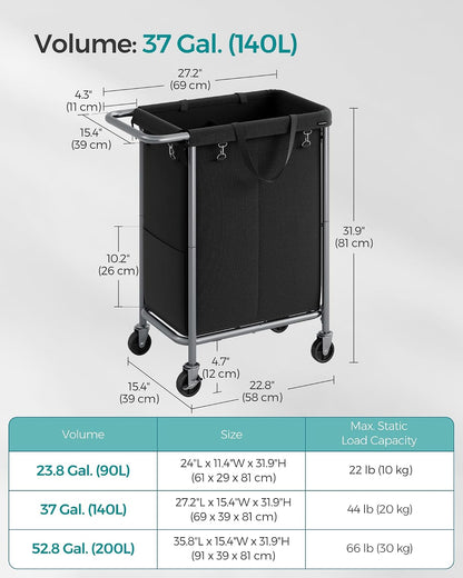 SONGMICS Laundry Basket with Wheels, 4-Section Rolling Laundry Hamper, 68.6 Gallons (260 L), Removable Liner, Steel Frame with Handle, 43.3 x 15.4 x 31.9 Inches, Cream White URLS014W01
