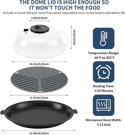 Microwave Splatter Cover Lid for Food 10.2 Inch with Water Steamer, Clear Microwave Splash Guard Cooker Lid with Plate, Dish Bowl Plate Serving Cover Cookware High Transparent Plastic Black