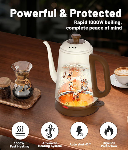 1L Gooseneck Electric Kettle for Pour Over Coffee & Tea | 1000W Fast Heating, Food-Grade Stainless Steel, Auto Shut-Off & Boil-Dry Protection, BPA-Free, Black