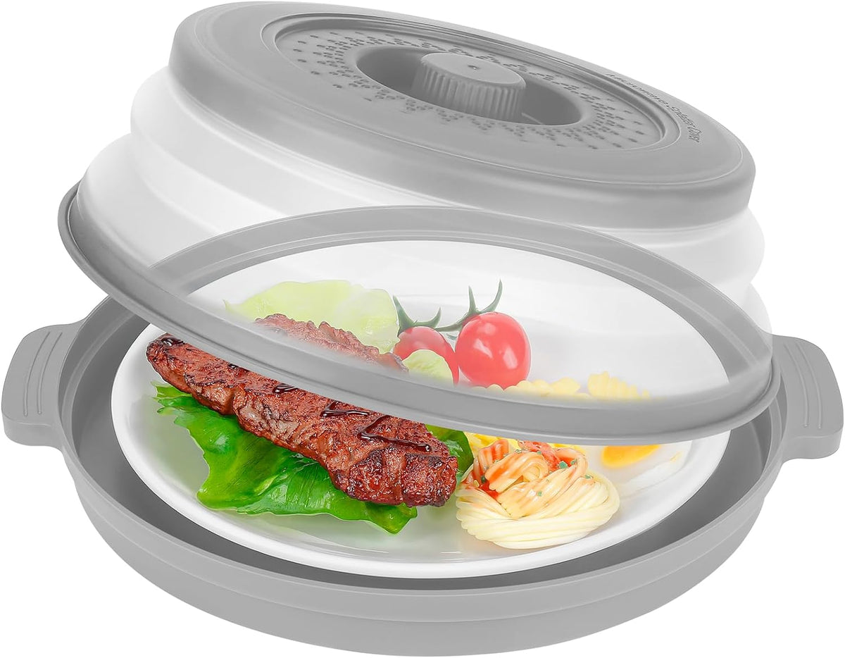 Microwave Splatter Cover for Food with Handle &Heat-Resistant Mat, 10.7" Collapsible Microwave Plate Cover - BPA Free, Dishwasher Safe Food Lid, Multi-Use Colander & Steamer for Meal Prep （Black）