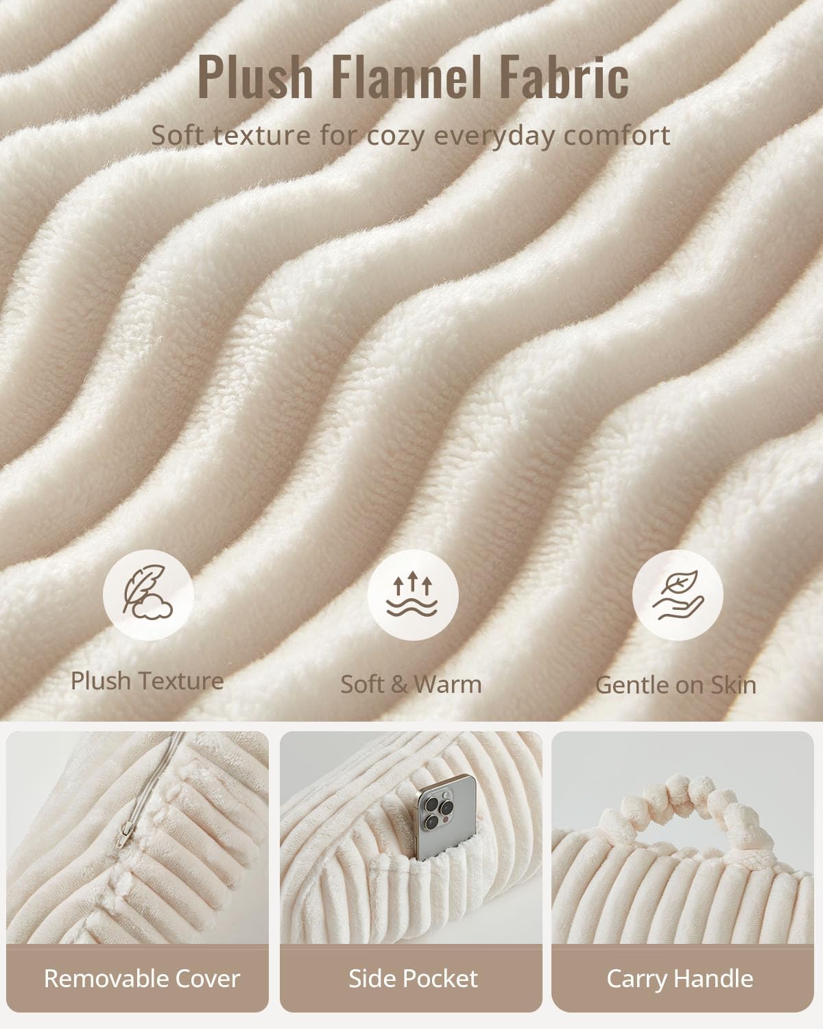 Blissful Diary Reading Pillow, Backrest Pillow with Shredded Memory Foam for Adult & Children, Designed for Bed and Couch Sitting Up, Includes Arms, Pockets and Washable Cover, Off White