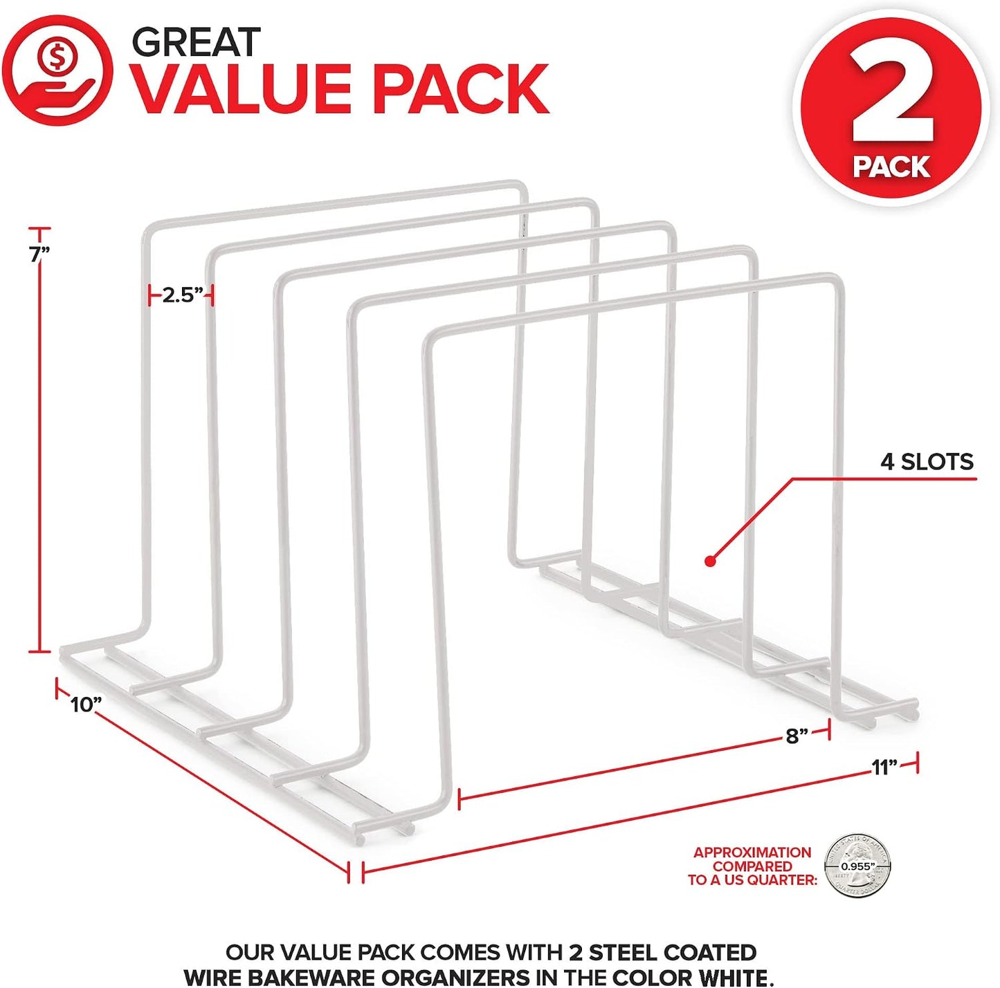 Stock Your Home Kitchen Cabinet Organizer, White (2 Pack) Steel Baking Sheet Holder with 4 Slots for Cabinet, Bakeware Organizer, Divider for Cutting Boards, Pot Lids, Pan Lids, Cookie Sheets
