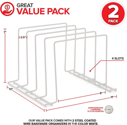 Stock Your Home Kitchen Cabinet Organizer, White (2 Pack) Steel Baking Sheet Holder with 4 Slots for Cabinet, Bakeware Organizer, Divider for Cutting Boards, Pot Lids, Pan Lids, Cookie Sheets