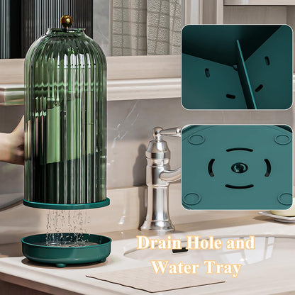Drainable Toothbrush Toothpaste Holders with Cover, Transparent | Drainage Holes, Waterproof and Dustproof, 360° Rotating Base, Sliding Door, for Bathroom Counter