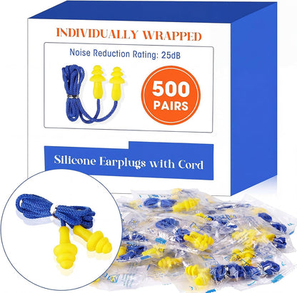 Relaxweex 500 Pairs Corded Ear Plugs Bulk 25dB NRR Reusable Silicone Ear Plug with String Individually Wrapped Earplugs for Sleeping Noise Reduction Hearing Protection Shooting Work (Blue Yellow)