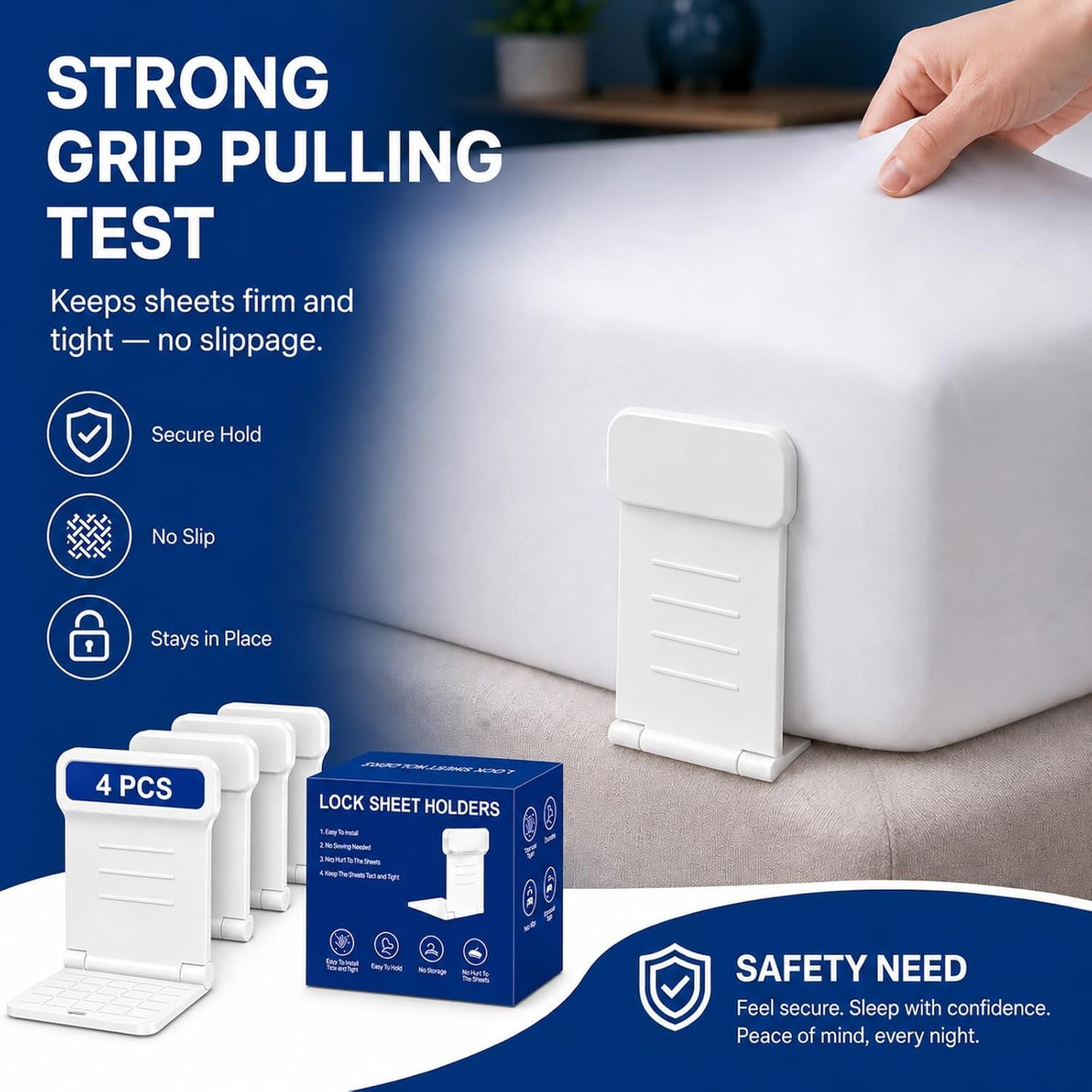 8pcs Bed Sheet Holders for Corners for King and Queen Beds Bed ABS&PC, 10 Non-Slip Mats, 180 Degrees Fold, Snap-Fastener Design, Adjustable Strap Clips, Tight Grippers - White Large