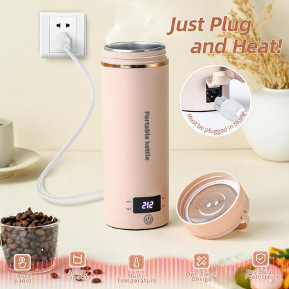 Touxila Portable Electric Kettle for Travel 120V, 13.5oz, 4 Temp Settings | 304 Stainless Steel Lining,Fast Boiling Water,Auto Shut-Off,Boil Dry Protection,Small Kettle for Office & Hotel(Beige, 400ML)