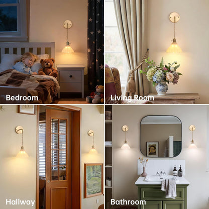 Shenmoyl Battery Operated Wall Sconce Wall Lamp with Green Lily of the Valley Shade Pattern Glass Adjustable Chain Retro Gold Wall Mounted Light, Modern Wall Lamp Fixtures Decor for Bedside Bedroom