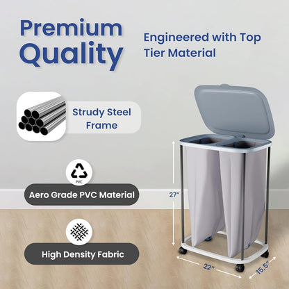 Dual Section 90L Laundry Basket with Wheels and Lid – Tall divided Double Laundry Hamper with 2 Removable Washable Bags, Large Laundry Sorter for Easy Clothes Separation