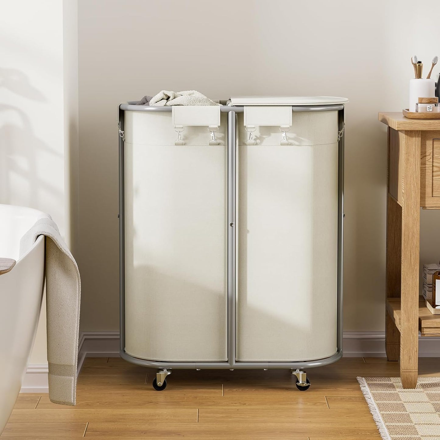 Laundry Hamper with Wheels and Lid, 100L Half Round Rolling Laundry Basket | Gasvadivum Sturdy Metal Frame Laundry Cart with Removable Bag, Dirty Clothes sorter Organizer for Bathroom, Bedroom, Black