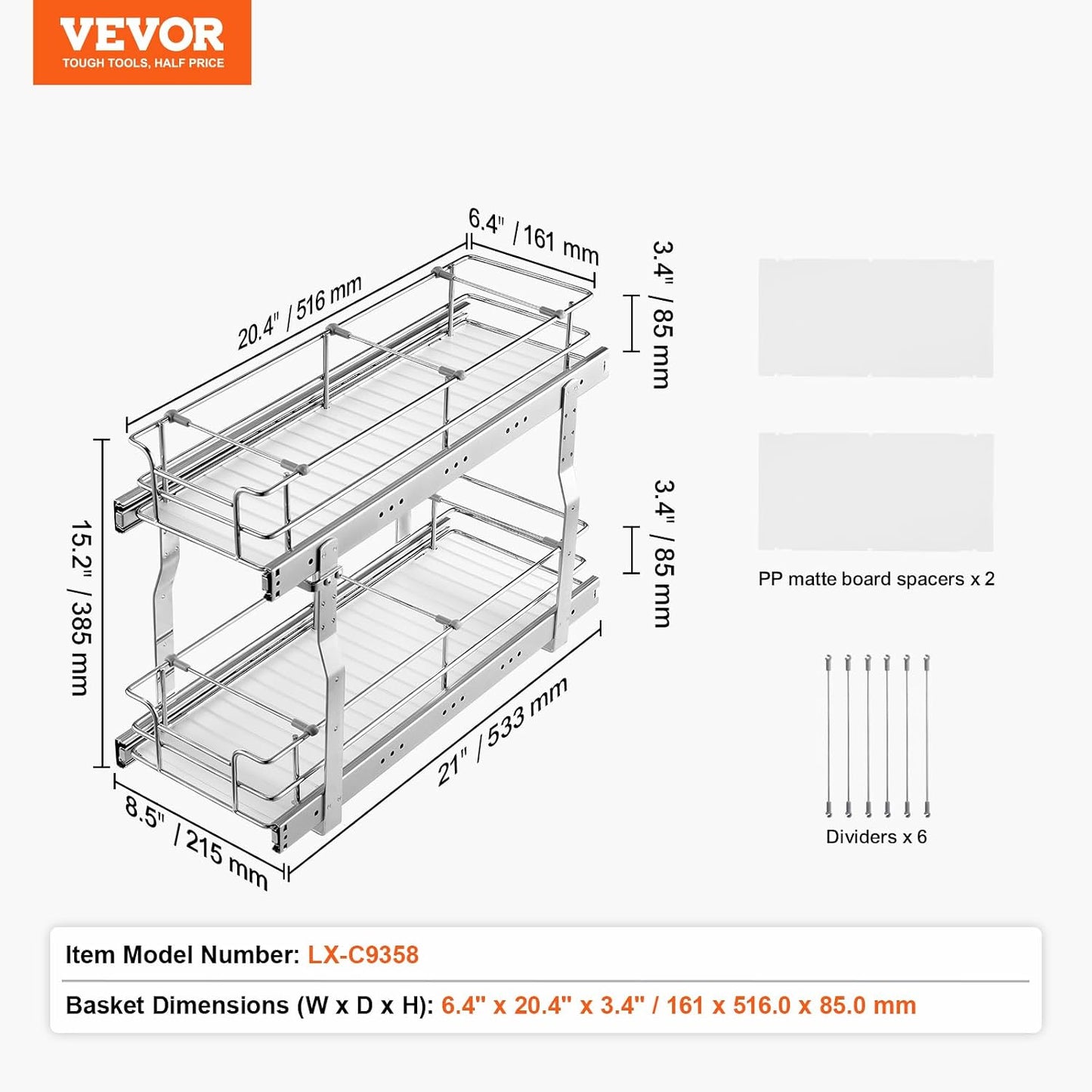 VEVOR Pull Out Cabinet Organizer, 14" Wx21.2 Dx15.2 H Heavy 2 Tier Duty Slide Out Pantry Shelves, Chrome-Plated Steel Roll Out Drawer for Under Sink, 15.5" Wx22.5 Dx19 H Install Size for Cabinet