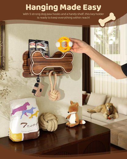 MTERSN Dog Leash Holder for Wall with Key Hooks for Dog Gear Storage, Brown | 3D Puppy Paw Hooks, Doggie Bone Shape, Key Rack with 5 Hooks, Wall Shelf for Treats & Dog Food, Ideal for Wall Decor