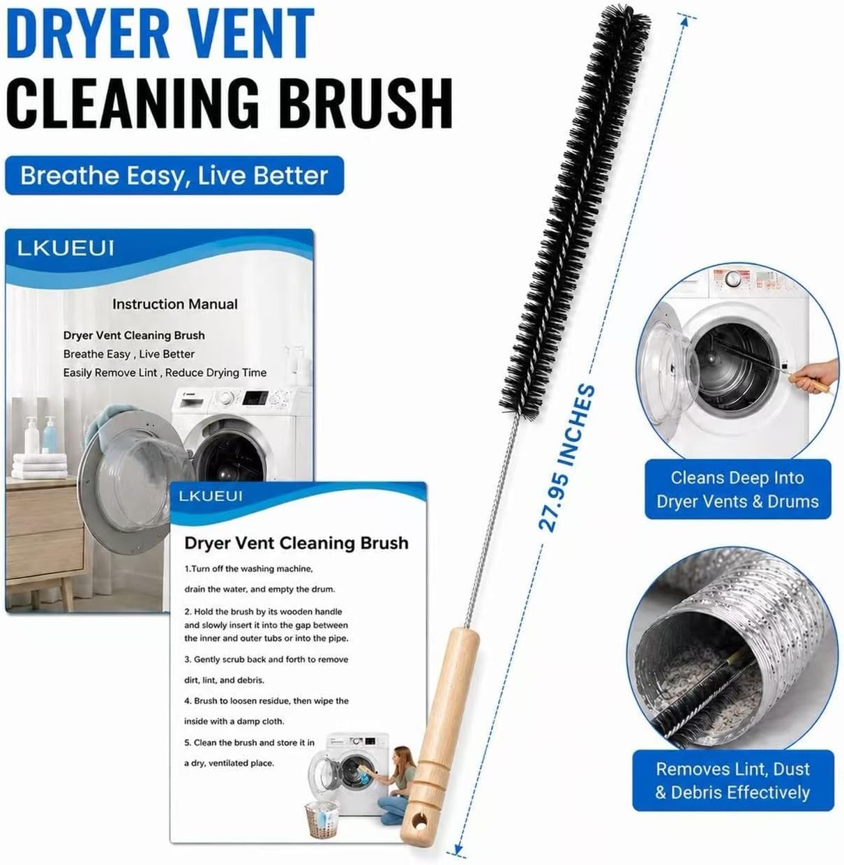 Dryer Lint Brush Vent Cleaner Lint Trap Cleaning Tool Dryer Vent Brush Long Flexible with Wood Handle 27.95Inches Medium Size for Dryer Vent Cleaning DIY Enthusiasts Homeowners (1, PCS)