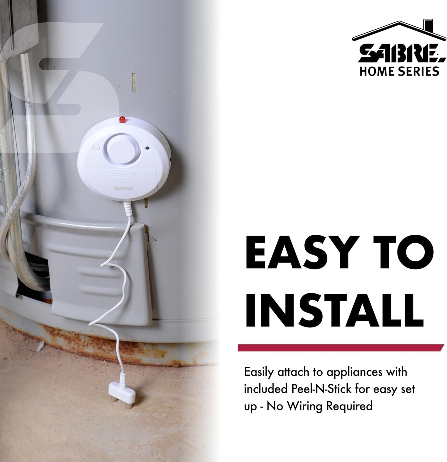 SABRE Water Leakage Alarm, 110 dB Alarm, Audible Up To 1,500-Feet (457-Meters), All Direction Water Sensor, High and Low Volume Settings, Battery Test Button