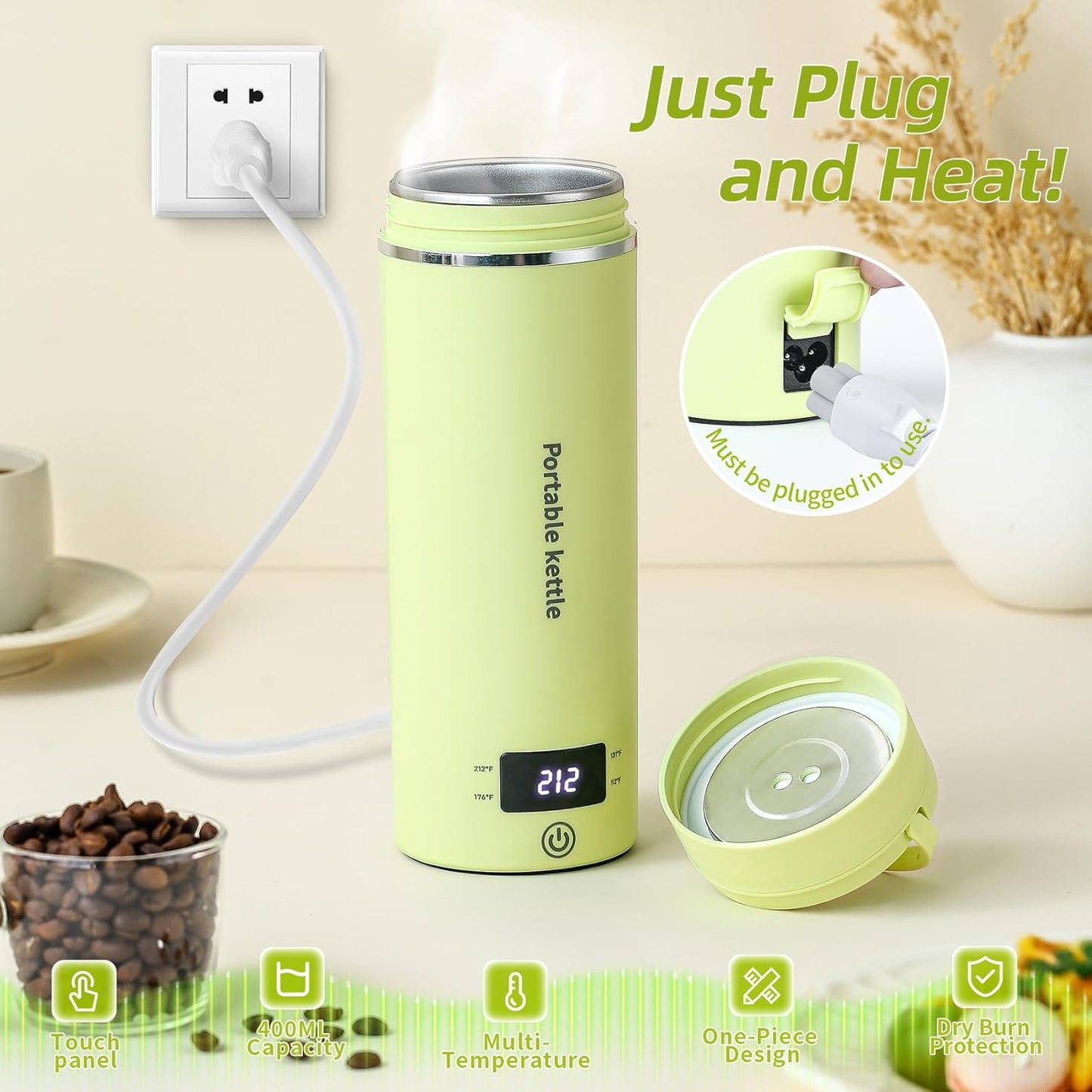 Touxila Portable Electric Kettle for Travel 120V, 13.5oz, 4 Temp Settings | 304 Stainless Steel Lining,Fast Boiling Water,Auto Shut-Off,Boil Dry Protection,Small Kettle for Office & Hotel(Beige, 400ML)