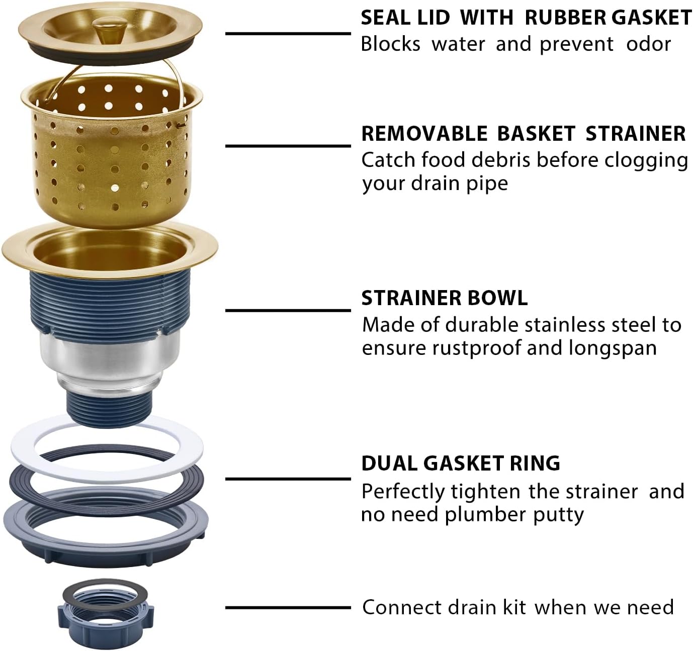 3-1/2 Inch Sink Drain Assembly Kit, Removable Deep Sink Strainer Basket with Sink Stopper/Sealing Lid for Home, Kitchen, Stainless Steel
