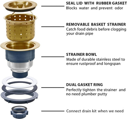 3-1/2 Inch Sink Drain Assembly Kit, Removable Deep Sink Strainer Basket with Sink Stopper/Sealing Lid for Home, Kitchen, Stainless Steel