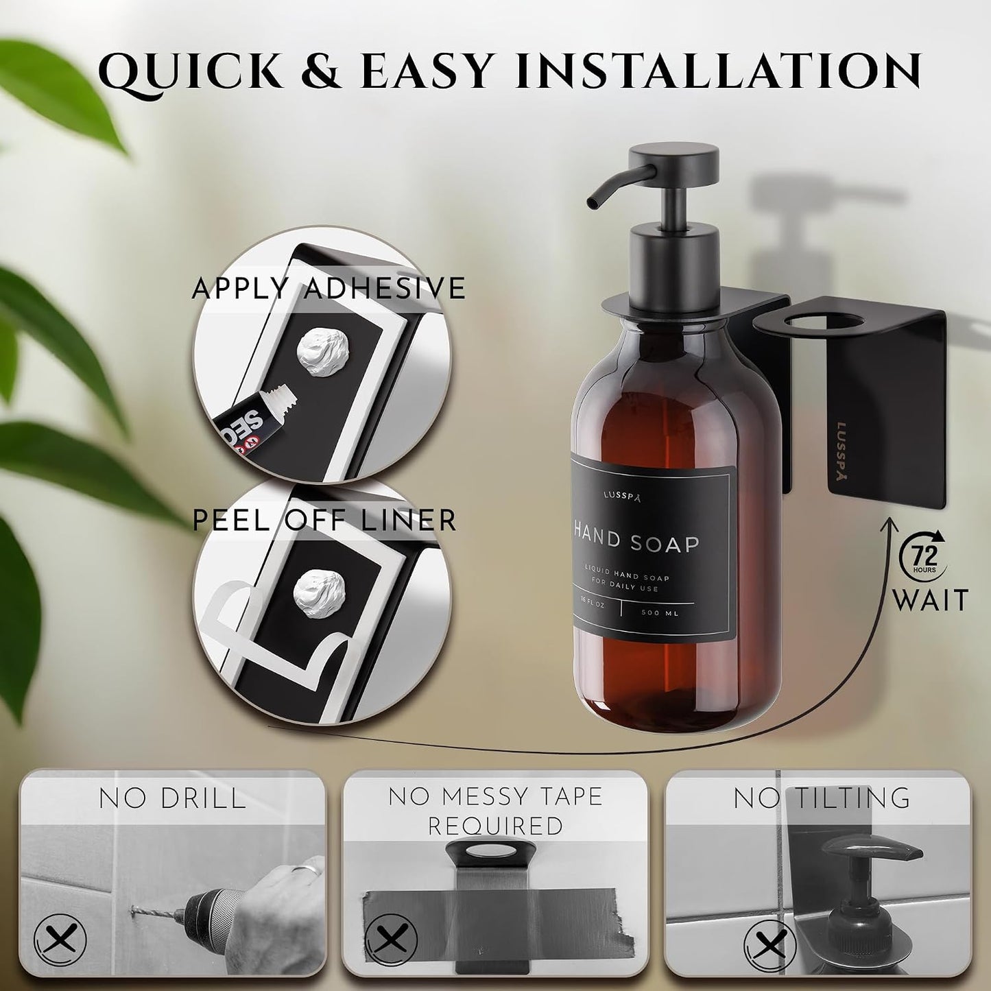 Shower Shampoo Dispenser Wall Mounted – 3 Refillable 16.9 oz Clear Bottles with Stainless Steel Pumps & No-Drill Adhesive Holders – Soap Dispenser Set for Bathroom (3 X Clear/Silver)