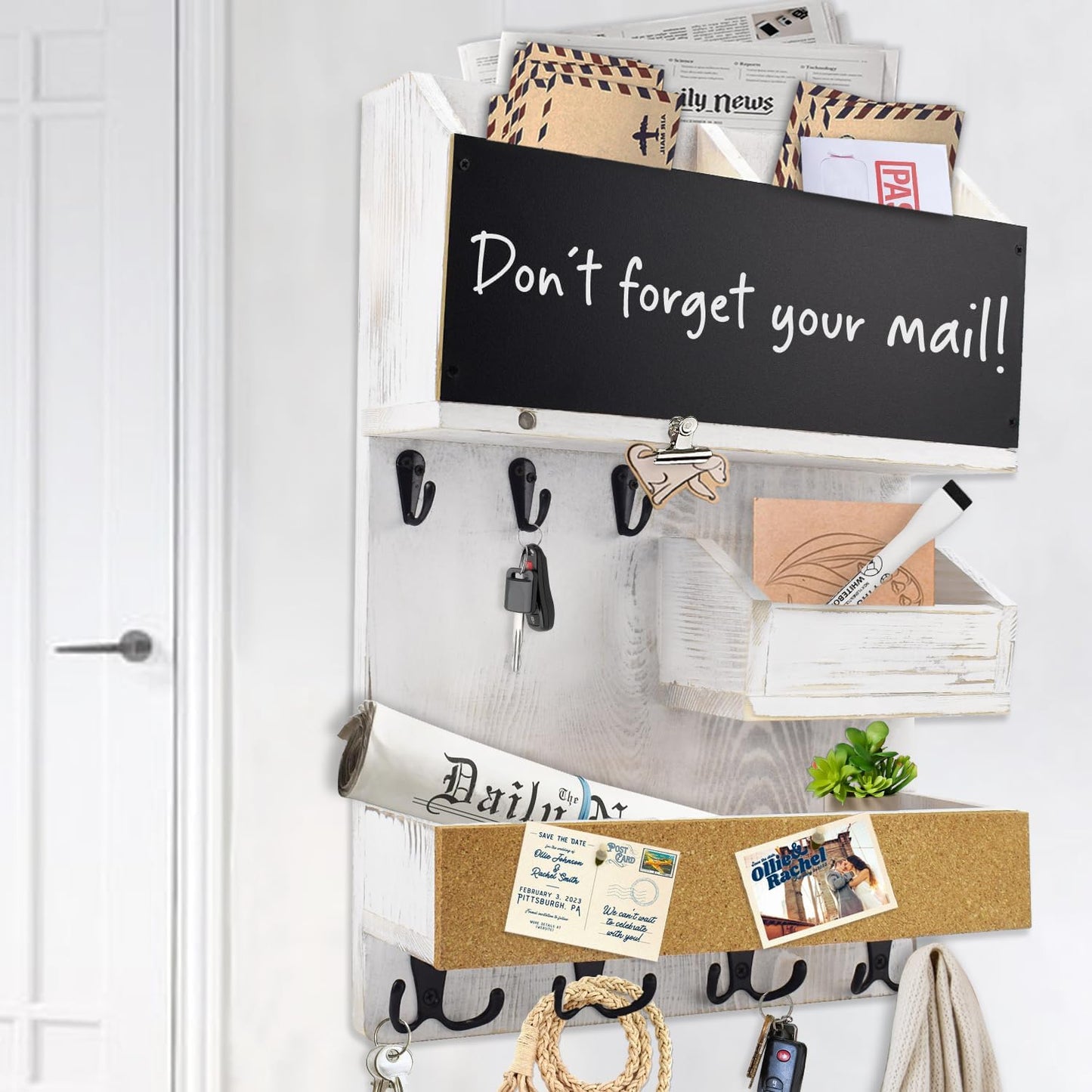 Key Holder for Wall Mount with Shelf and Mail Organizer, Key and Mail Holder with 16 Hooks, Farmhouse Entryway Organizer, Home Decor Rack (Pine Wood, White Washed)