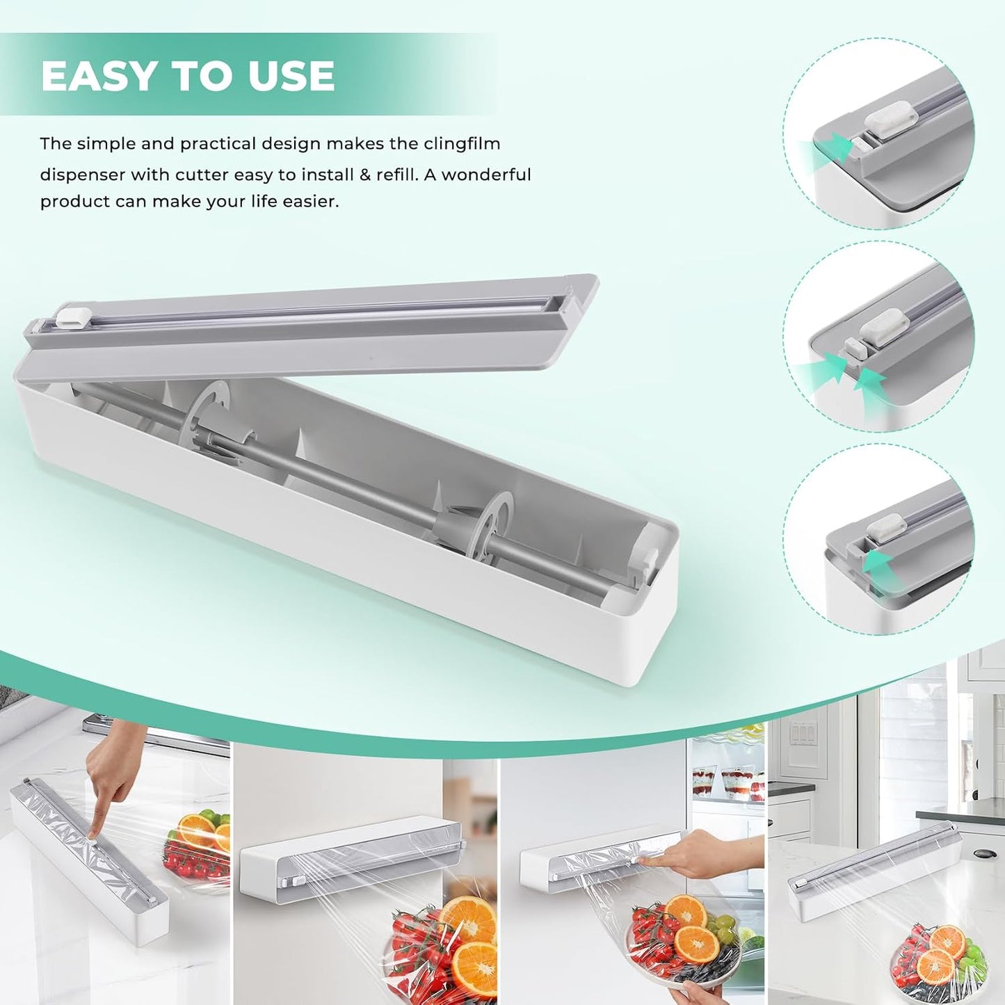 Magnetic Plastic Wrap Dispenser with Cutter - Practical Refillable Aluminum Tin Foil and Plastic Wrap Organizer for Drawer, Including an Extra Roll of 12"X 164' Food Cling Film - Black