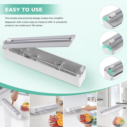 Magnetic Plastic Wrap Dispenser with Cutter - Practical Refillable Aluminum Tin Foil and Plastic Wrap Organizer for Drawer, Including an Extra Roll of 12"X 164' Food Cling Film - Black