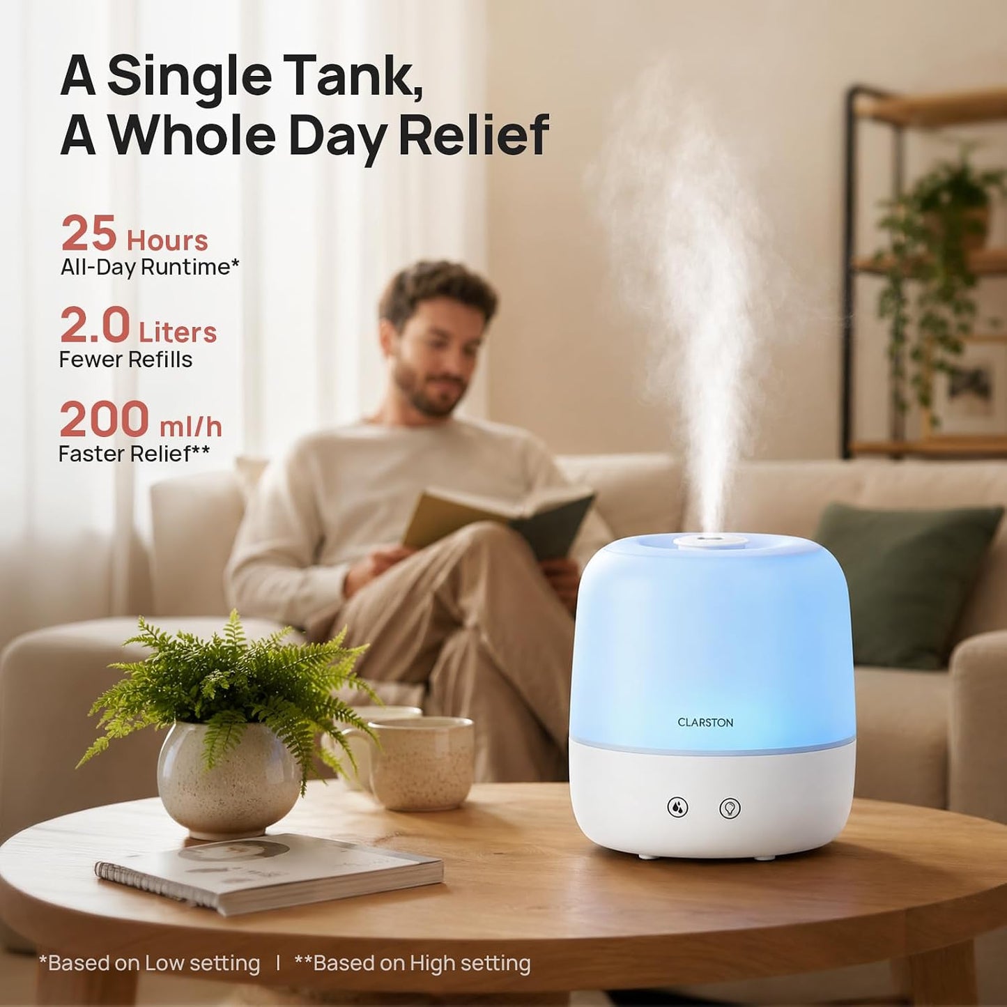 Clarston 2L Cool Mist Humidifier for Bedroom with 360° Adjustable Nozzle, High and Low Mist Levels, Ultra-Low Noise, Light-Off, No BPA, Auto Shut Off, Ideal Baby Humidifier with Easy Top Filling