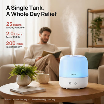 Clarston 2L Cool Mist Humidifier for Bedroom with 360° Adjustable Nozzle, High and Low Mist Levels, Ultra-Low Noise, Light-Off, No BPA, Auto Shut Off, Ideal Baby Humidifier with Easy Top Filling