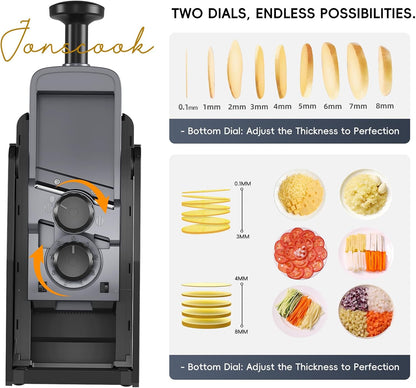 Jonscook All-in-1 Safe Mandoline Slicer for Kitchen, Vegetable Slicer with Container, Adjustable Veggie Mandoline, French Fry Cutter, Potato/Tomato/Onion Slicer, Grater/Cleaning Brush (Black Knight)