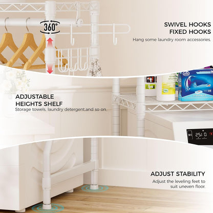 Golpart Laundry Organizer Shelves Over the Washer and Dryer Storage Shelf | Heavy Duty Laundry Room Organization Clothes Drying Rack Adjustable Height Wire Shelving and Wire Basket with Hanger Rod