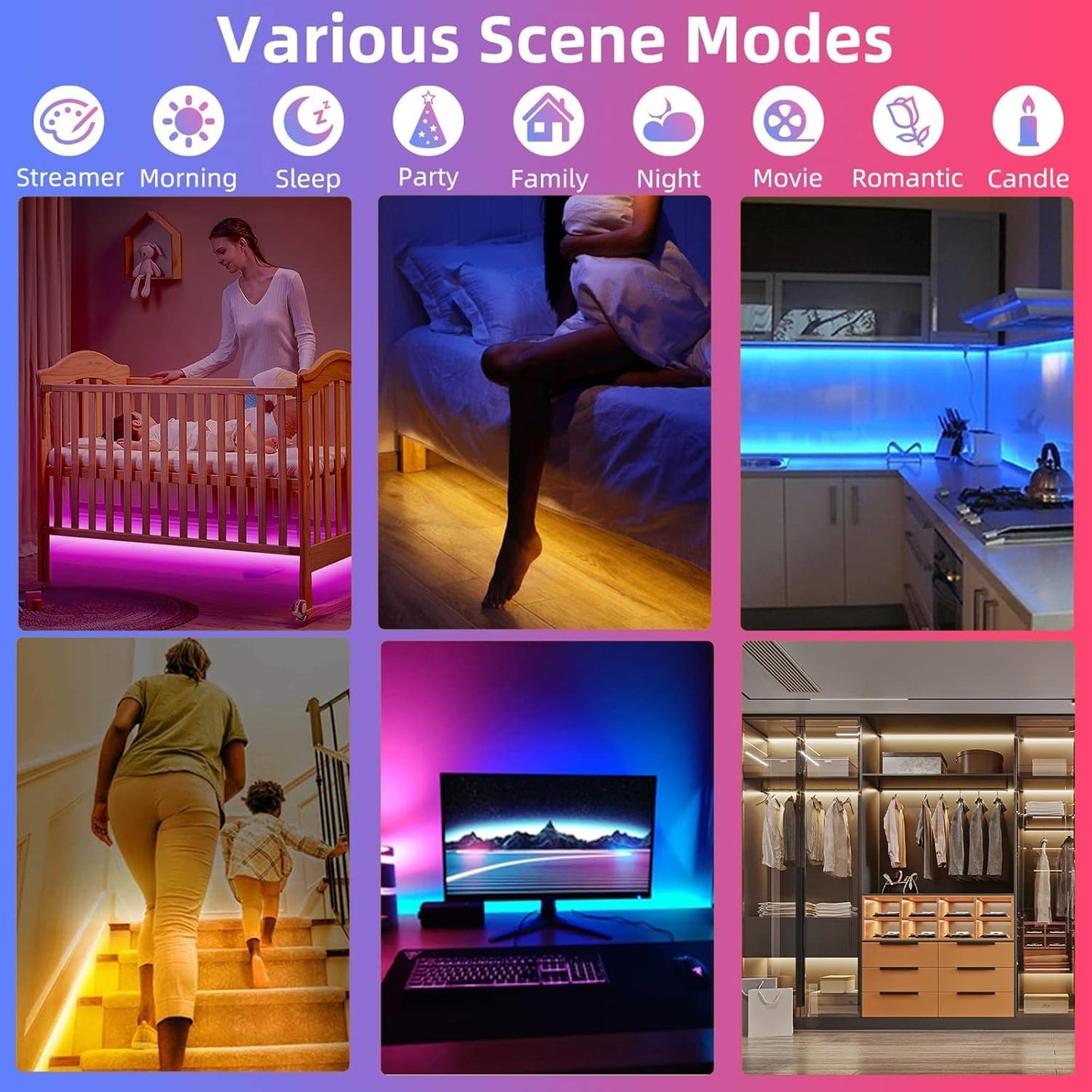 Motion Sensor Under Bed Lights,2x13.12Ft RGB LED Strip with RF Remote & APP | 5V Music Sync Color Changing LED Lights with Constant On,Motion Activated,Light Sensing 3 Modes for Bed Stair