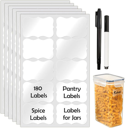 JIEHENG 180Pcs Labels for Jars,Black Wavy Stickers with 1 Chalk Markers | Black,Shape of Wavy,Reusable,Removable Labels for Storage Bins