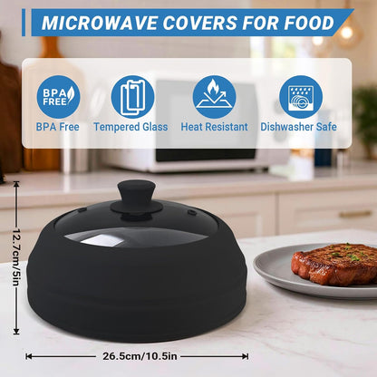 Microwave Splatter Cover Glass,10.5 Inch Collapsible Microwave Cover for Food Glass, Silicone Vented Splatter Guard Lid, Silicone Dish Plate Cover, Dishwasher Safe, Heat Resistant, BPA-Free, Black