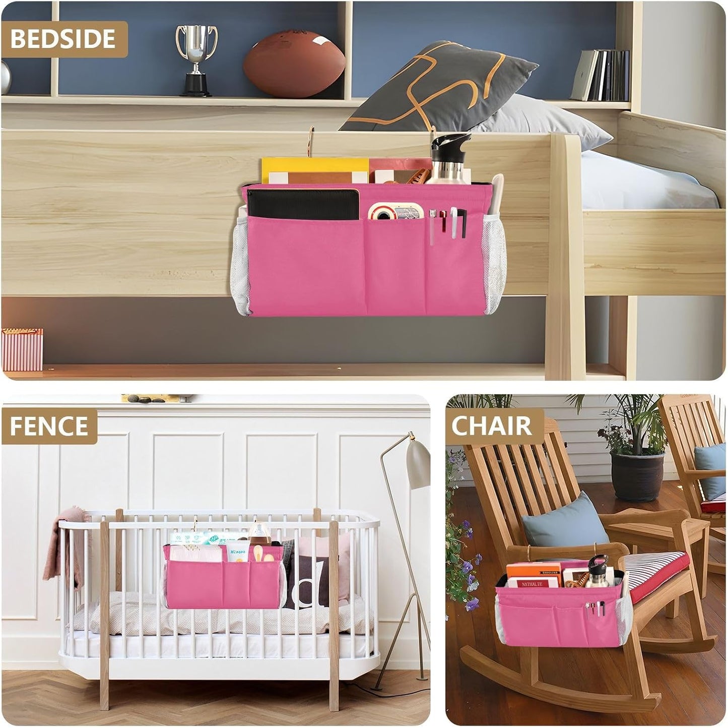 Black Bedside Caddy Storage Bag Bedside Organizer for Bed Rails College Dorm Room Organizer Caddy Hanging Shelf 6 Pockets with Hooks for Drinks Magazine Phone Holder