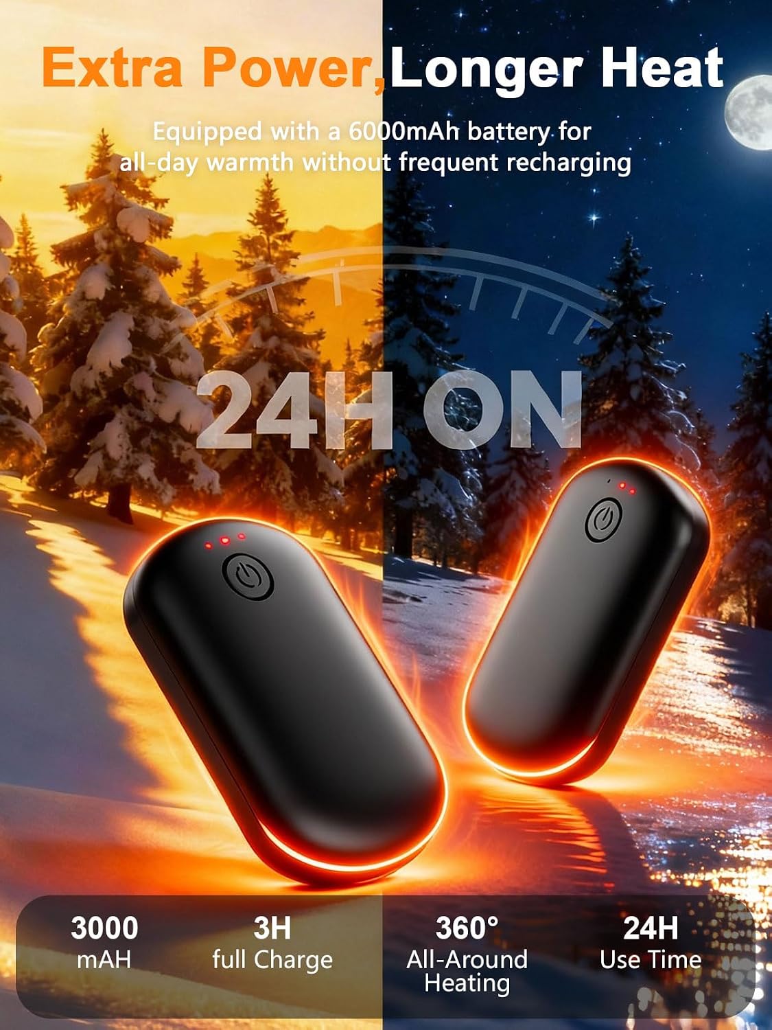 Pocket Size Hand Warmers Rechargeable 2 Pack, 6000mAh Electric Hand Warmers for 24H Safe Heat, 3 Settings Fast Heating Handwarmers Up to 131℉ for Christmas, Outdoor, Golf, Hunting, Camping Accessories