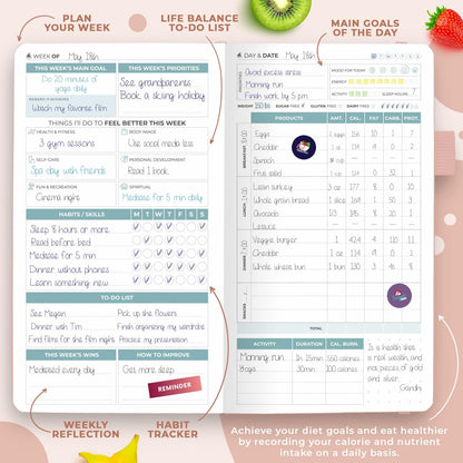 Clever Fox Wellness Planner & Food Journal for Weight Loss, A5 Orange | 5.8"x8.3" nutrition & exercise tracker for women tracking meals, diet & symptom diary, calorie counter notebook, stickers