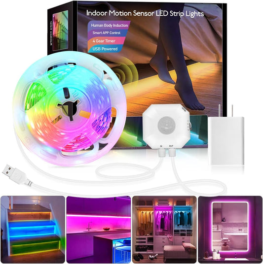 Daymeet Motion Sensor LED Strip Lights, 16.4ft RGB Motion Activated Under Bed Lights with Automatic Shut Off Timer App Control Cabinet Night Light Closet Lights for Hallway, Kitchen,Bedroom