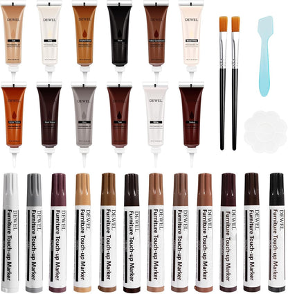 DEWEL Wood Furniture Repair Kit, Upgrade Wood Filler, Furniture Touch Up Markers with Wax Sticks, 42 Pcs Floor Touch Up kit for Scratches, Cracks, Hole, Laminate, Table, Bedposts